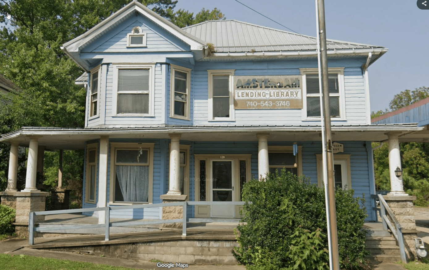 Front of the Amsterdam Lending Library building at 129 South Main Street, Amsterdam, Ohio.